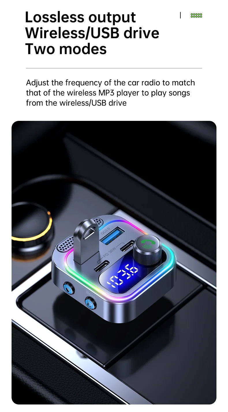 66W Fast Car Charger Bluetooth 5.4 FM Transmitter Wireless Radio Handsfree Calling Dual Mics & Deep Bass Car Charger Dual PD