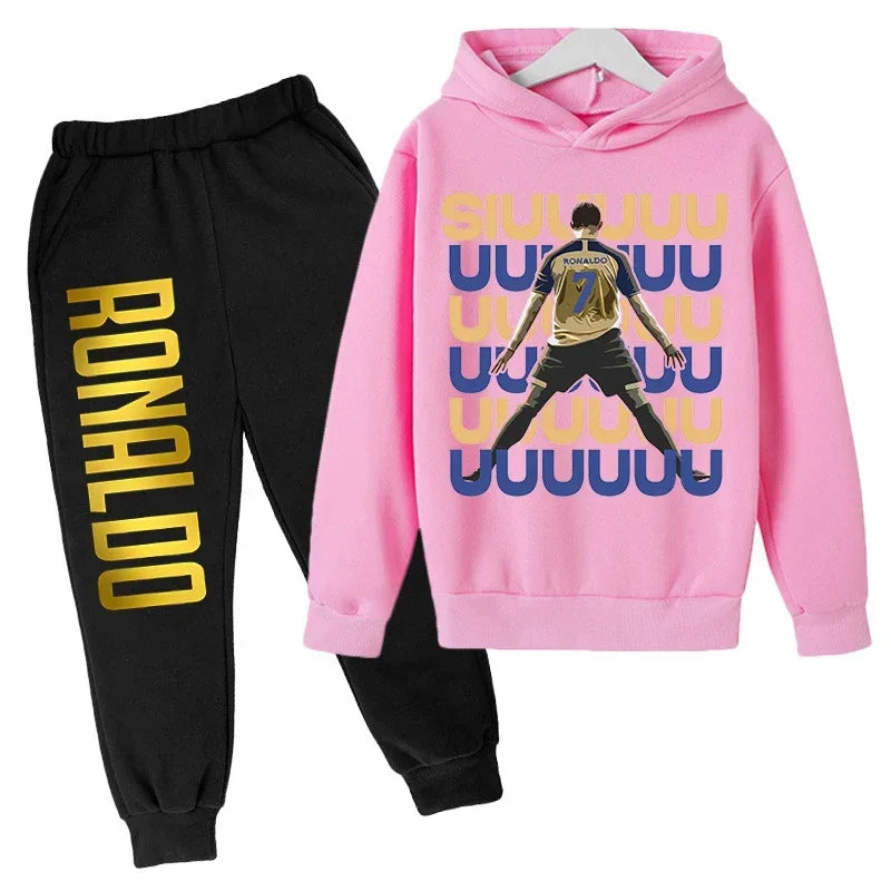 Children's Clothing Children's Sports Suit Spring and Autumn Fleece Hoodie Pants 2-piece Set Ronaldo Printed Kids Clothes Girls