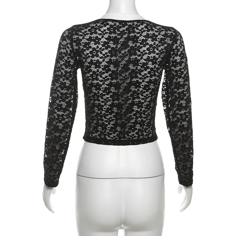 HLJ Y2K Sexy Lace Two Piece Set for Woman Letter Printing See Through Long Sleeve Crop Top + Shorts Suits Female Streetwear New