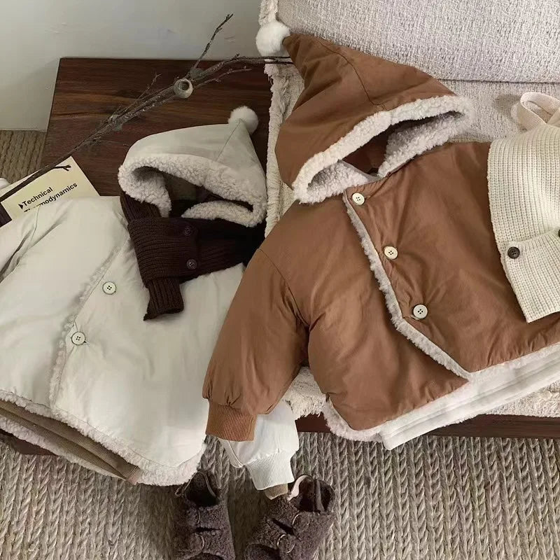 2024 Winter New Baby Warm Lamb Cashmere Hooded Coat Solid Versatile Boys Girls Padded Jacket Plus Velvet Thick Infant Clothes