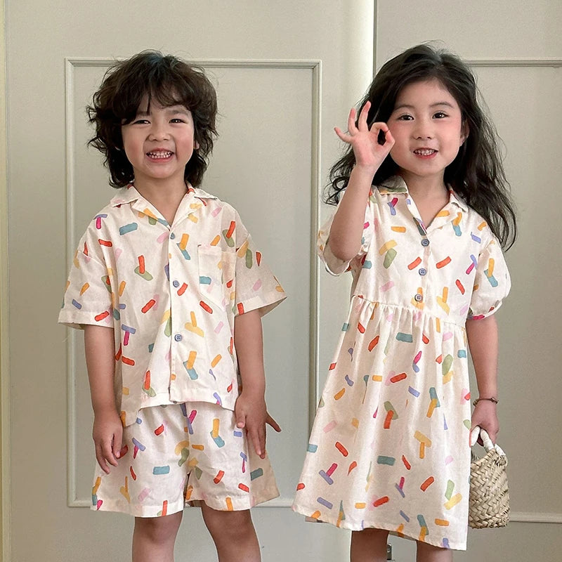 2025 New Vacation Style Cotton Kids' Summer Clothing Set Girls Sundress for 80 - 150cm Boys and Girls Sibling Outfits