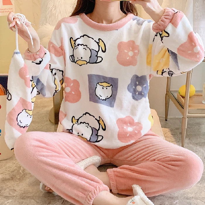 Winter Fleece Thick Women's Pajamas Set Cute Bear Plaid Long Sleeve Womens 2 Piece Outfit Set Printing Pijamas Set for Woman