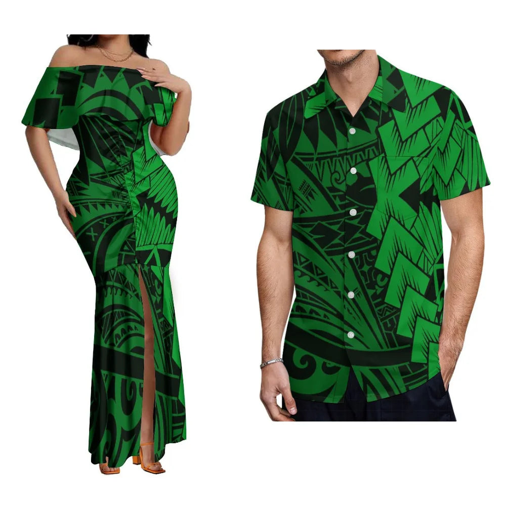 Polynesian Couple Set Custom Women'S One-Line Shoulder Lotus Skirt Men'S Short-Sleeved Shirt Banquet High-Quality Dress