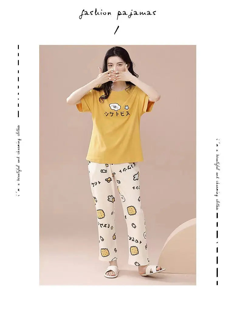 Pyjamas Set for Women‘s Short Sleeve Long Pants Student Casual Cartoon Bear Sweet Cuet Sleepwear Loungewear Romantic Nightwear
