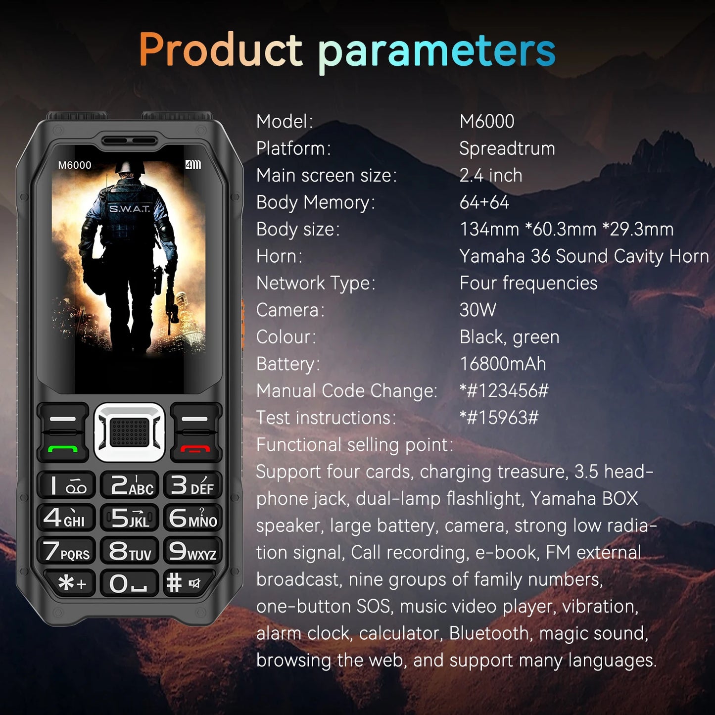 Rugged Mobile Phone M6000 GSM 2G Network 4 SIM Cards Magic Voice 3.5mm Jack 2.4'' Display Big Keyboard Cellphone For Elderly