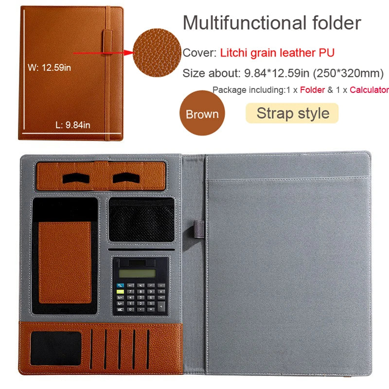 A4 Leather Padfolio Portfolio File Folder Man Document Holder Desk Organizer Executive Folders Calculator Briefcase for Office