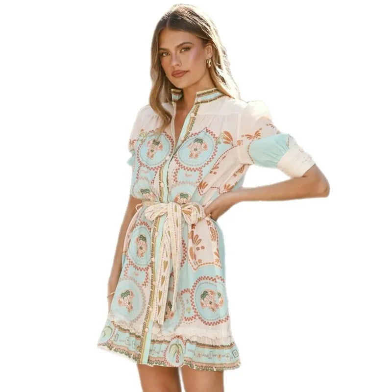 Summer Cover Ups Women Swimsuit Half Sleeve Robes Bathing Suit 2026 New Flower Print Beach Holiday Mini Dresses Cover-Up