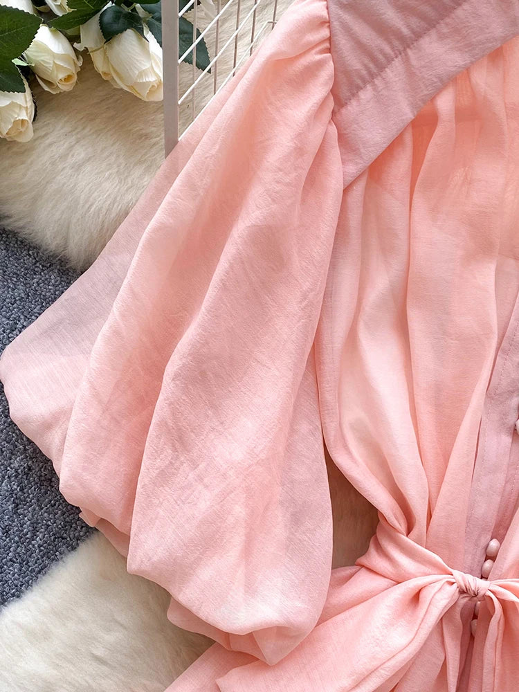 Summer Women's Puff Sleeve Shirt Dress Fashion Beach Vacation Party Birthday Blue White Exquisite Chiffon Mid Length Dress B06