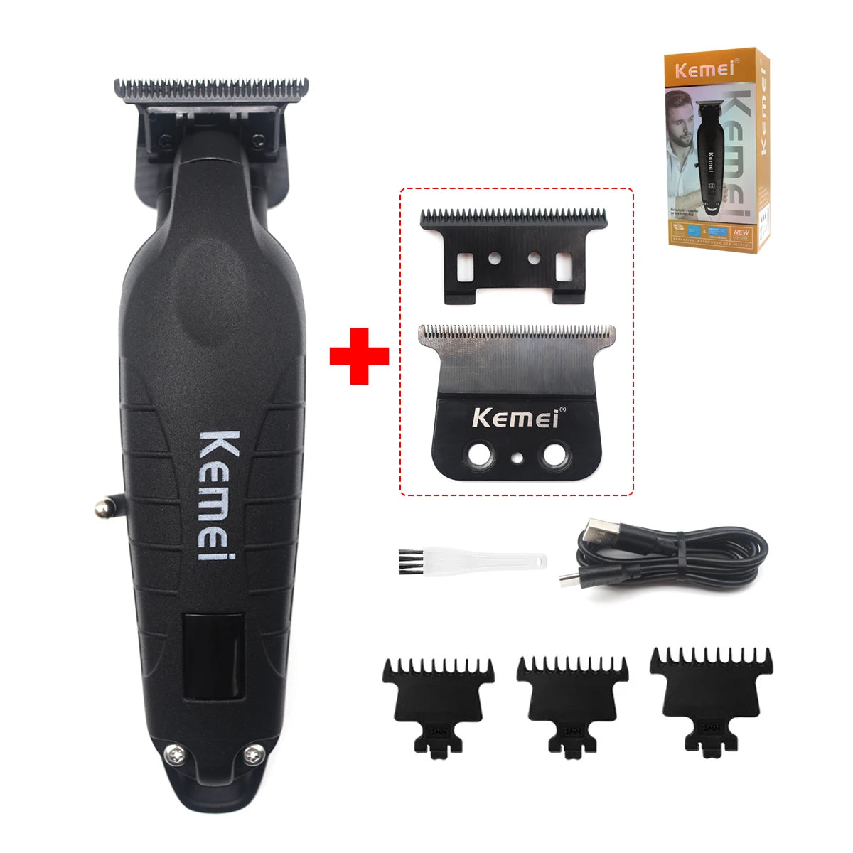 Kemei KM-2293 Professional Hair Trimmer Machine Zero Gapped Full Metal DLC T-Blade Finishing Machine USB LED Man's Hair Clipper