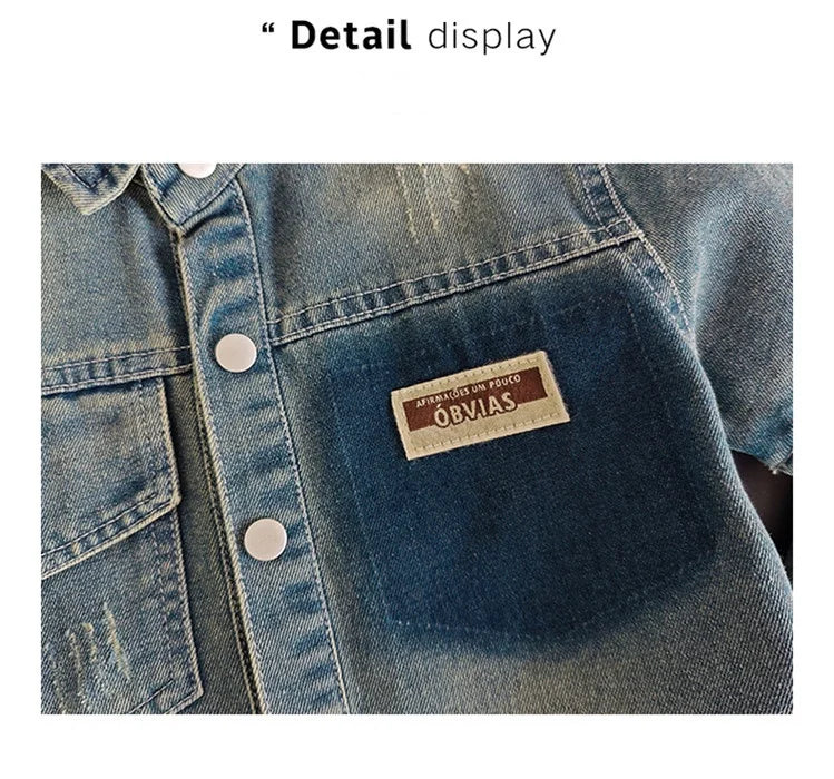 2025 Trendy Boys' Denim Set Vintage Wash Short Sleeve Shirt & Shorts 2-Piece Summer Outfit