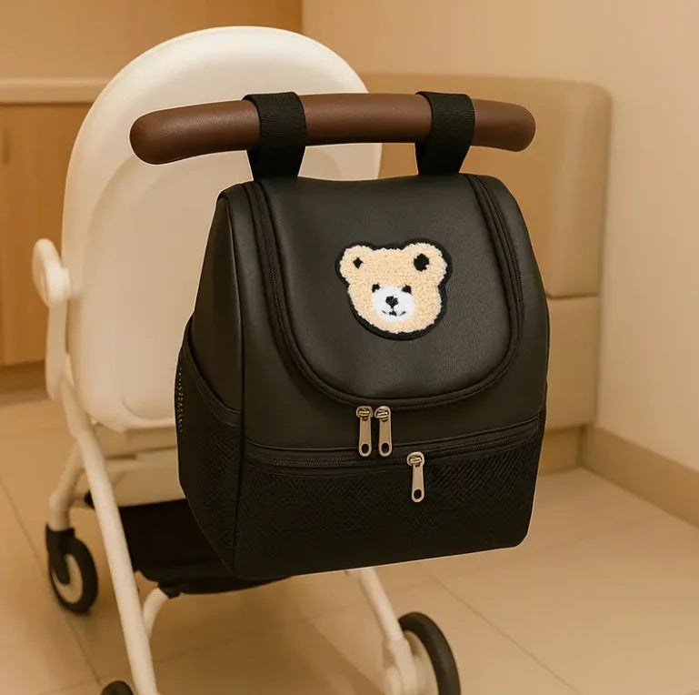Large Capacity Bear-Shaped Stroller Diaper Bag - Portable Storage Organizer with Bottle Holders Durable Faux Leather