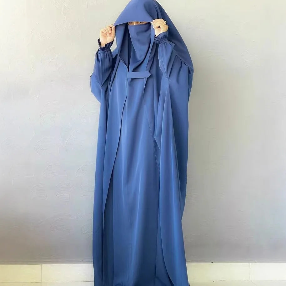 Muslim Abaya Hooded Smocking Sleeve One-piece Prayer Dress Women Jilbab Islamic Clothing Dubai Saudi Black Robe Turkish Modesty