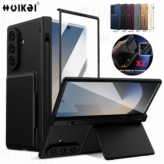 Case For Galaxy Z Fold 8 Ultra 7 6 Card Holder Wallet Kickstand Pen Slot Glass Screen Protector Hinge Shockproof Protective Case