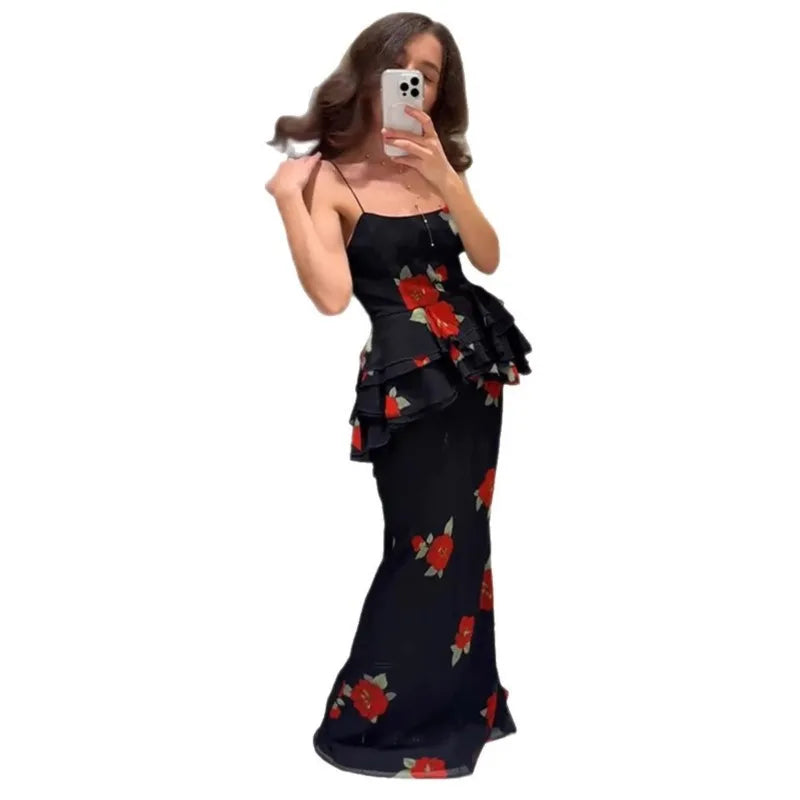 Summer 2-piece Suit Print Flower Mesh Slit Hip-covering Skirt Halter Top Suit Women's Fashion Causal Woman 2 Piece Set Outfit