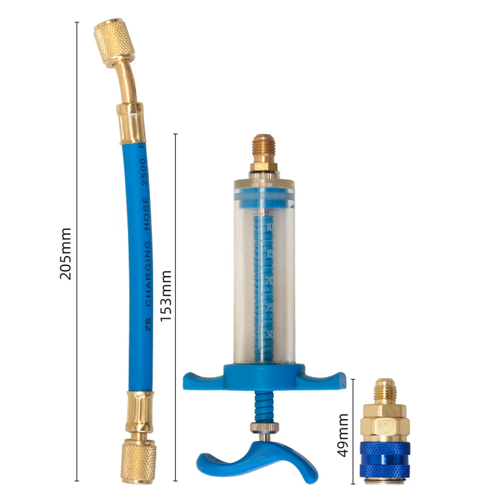 Car A/C Oil/Dye Injector 30Ml 1Oz with Low Side Quick Coupler Adapter 1/4 Air Conditioning Automotive Oiler Injection Syringe
