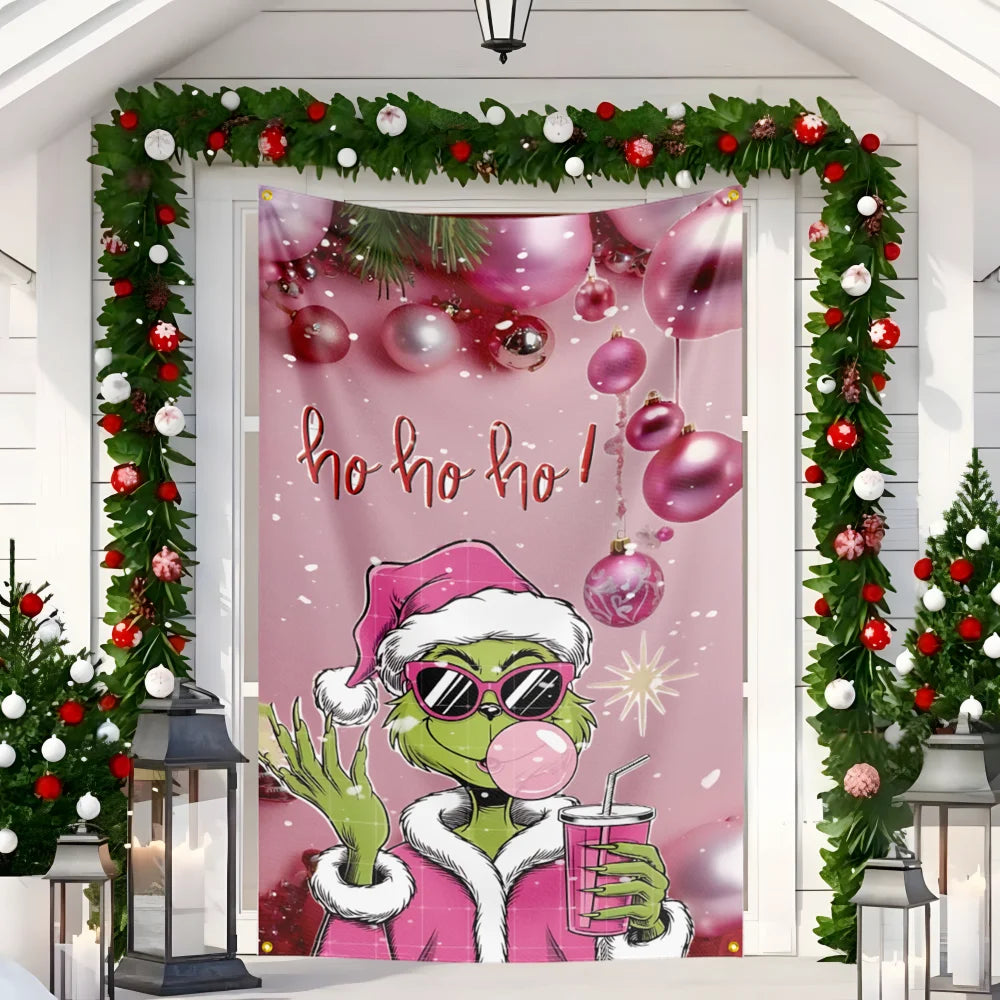 New Christmas Door hanging Green Haired Monster Christmas Flag Red Green Yard Outdoor Decoration Party Scene Decor