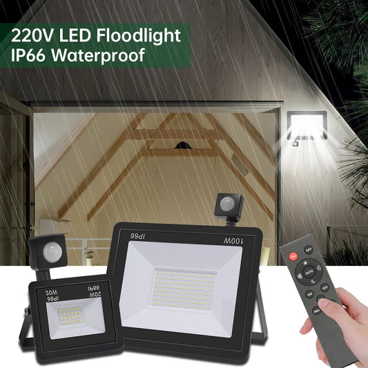 Outdoor LED Floodlight PIR Sensor 10W 20W 30W 50W 100W Cold White IP66 AC220V Garden/Street Reflector Spotlight with IR Remote