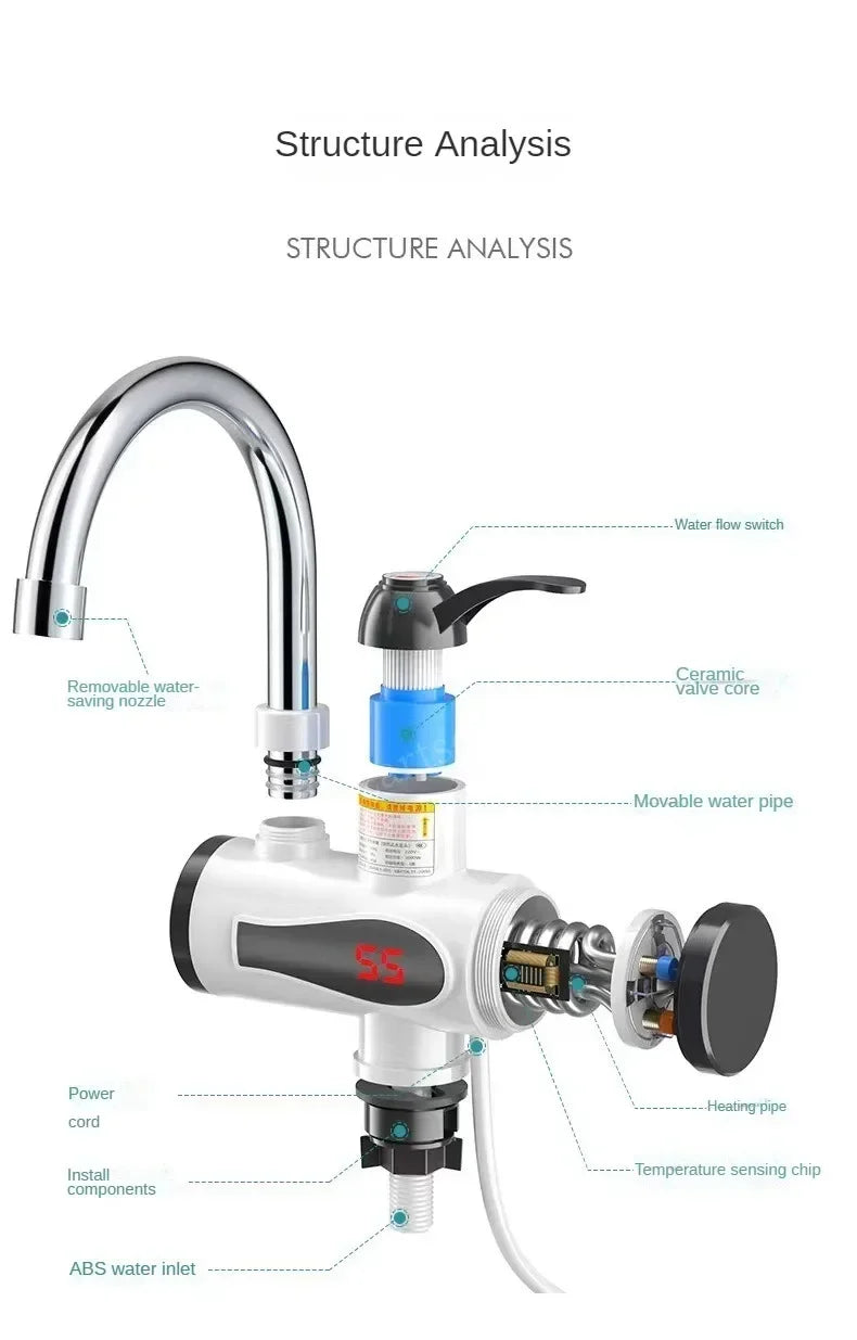 Instant Tankless Mini Electric Hot Water Heater Faucet Kitchen Instant Heating Tap Water Heater with LED Water Tap 3000W