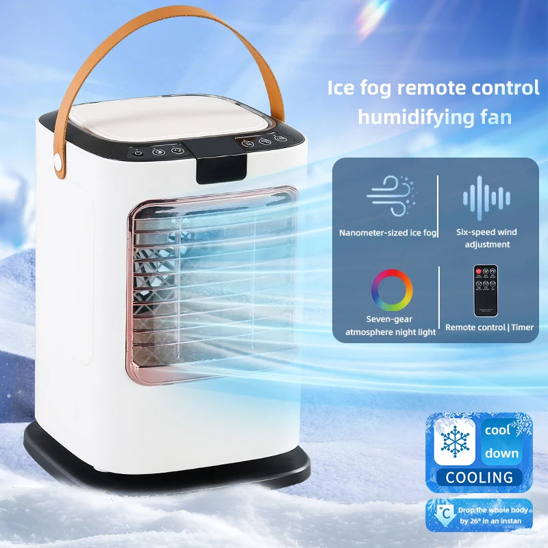 Portable Remote Control Air Cooler | Colorful Light, Dual Water Tank Ultrasonic Atomization, Strong Wind Silent Cooling Fan