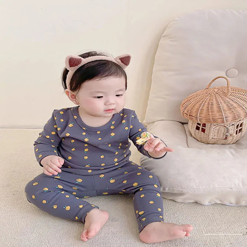  Fall Baby Pajamas Set 0-3Y Girls Lemon Printed Sleepwear 2Pcs Infant Boys Underwear High Waist Belly Protection Home Clothes
