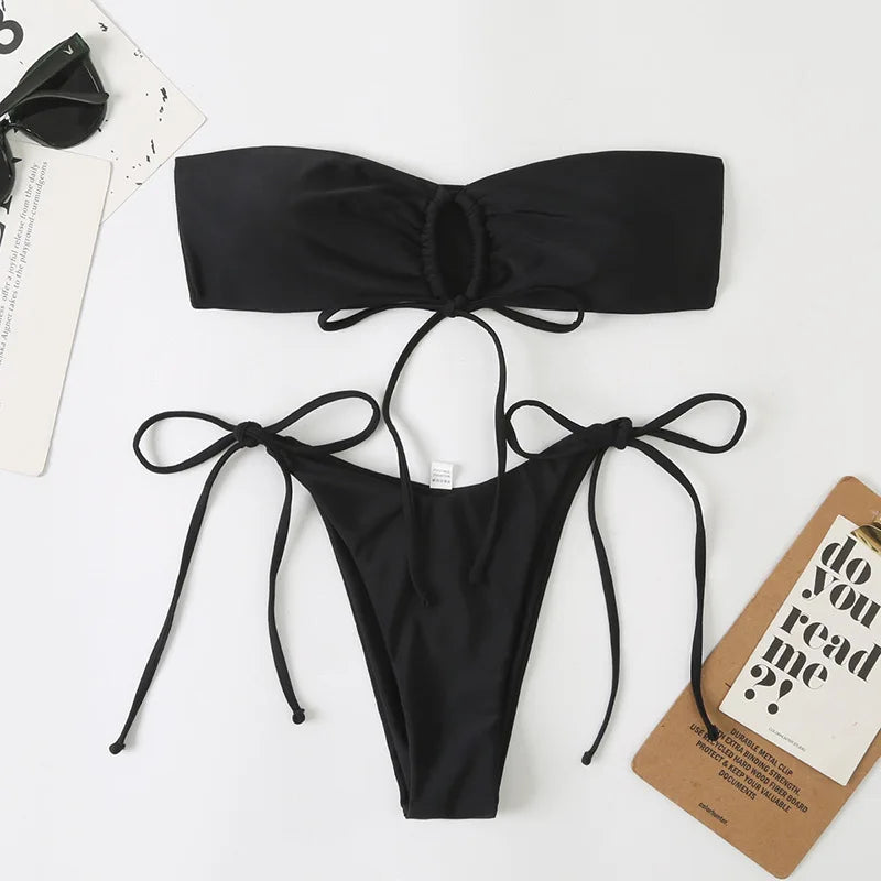 Sexy Bandeau Bikini Swimwear Women Red Black Pleate Lace Up Swimsuit 2026 Cut Out Beach Bathing Suit Tie Side Thong Bikinis Sets