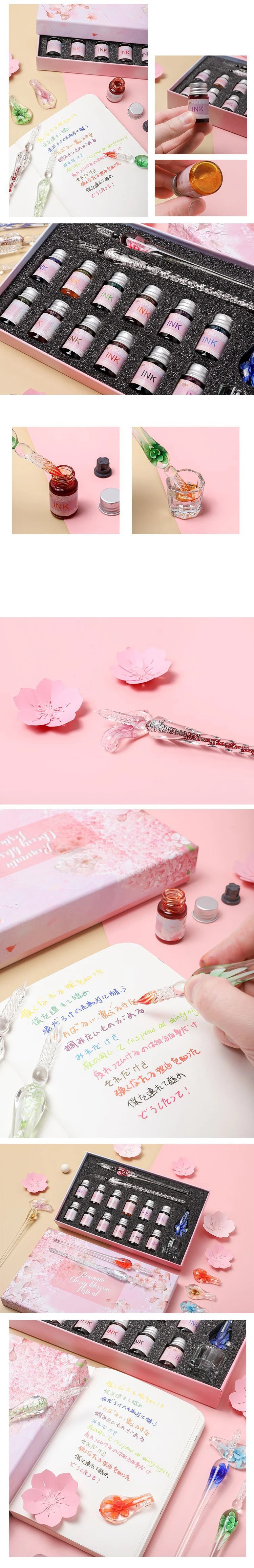 2022 Sakura Glass Dip Pen Set 2Pcs Crystal Glass Pens with 12 Gold Powder Inks for Signatures Drawing Caligraphy Kit Gifts