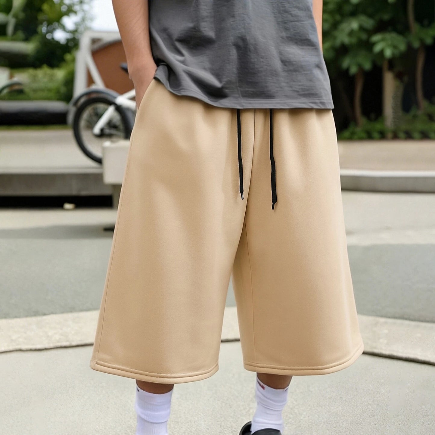 Men's Wide Leg Capri Pants Solid Color Casual 3/4 Length Drawstring Waist Sweatpants with Pockets for Sports, Gym