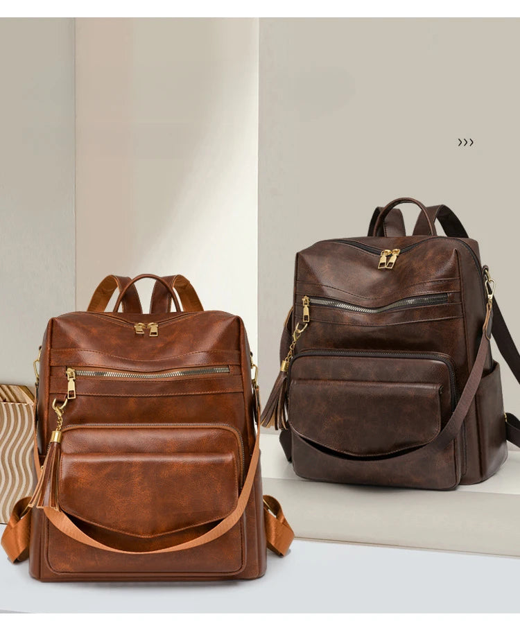 Backpack Purse for Women pu Large LadiesFashion Tassel Pu Leather Travel Backpack Purse Designer Ladies Shoulder Bags Waterproof