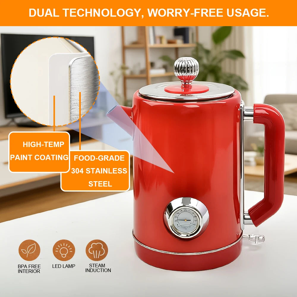 1.8L British Retro Electric Kettle 304 Stainless Steel Fast Boil Auto Shut Off Home Kitchen Hot Water Pot for Tea Coffee