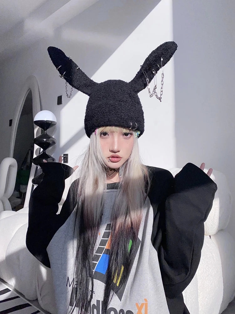 Gothic Grunge Rabbit Ear Hat Harajuku Y2k Punk Chain Pin Metal Ring Lambswool Black Hat Women Girls Winter Warm Chic Streetwear
