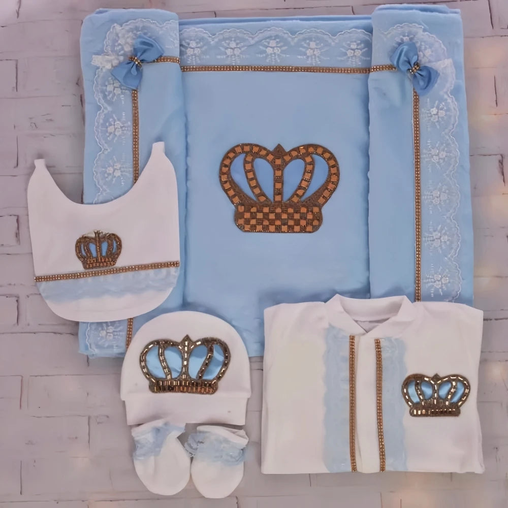 Dollbling Newborn 5pcs Layette Outfits Set Baby Tuxedo Outfit 0-3M Handmade Embroidery Wheat Jewels Crown Parajams Gift Set