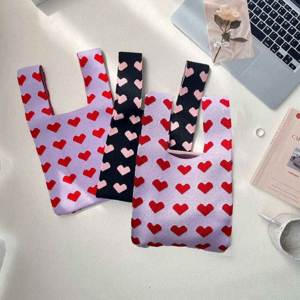 Large Capacity Knit Handbag Women Girls Knot Wrist Bag Reusable Mini Heart Tote Bag Handmade Portable Shopping Bags