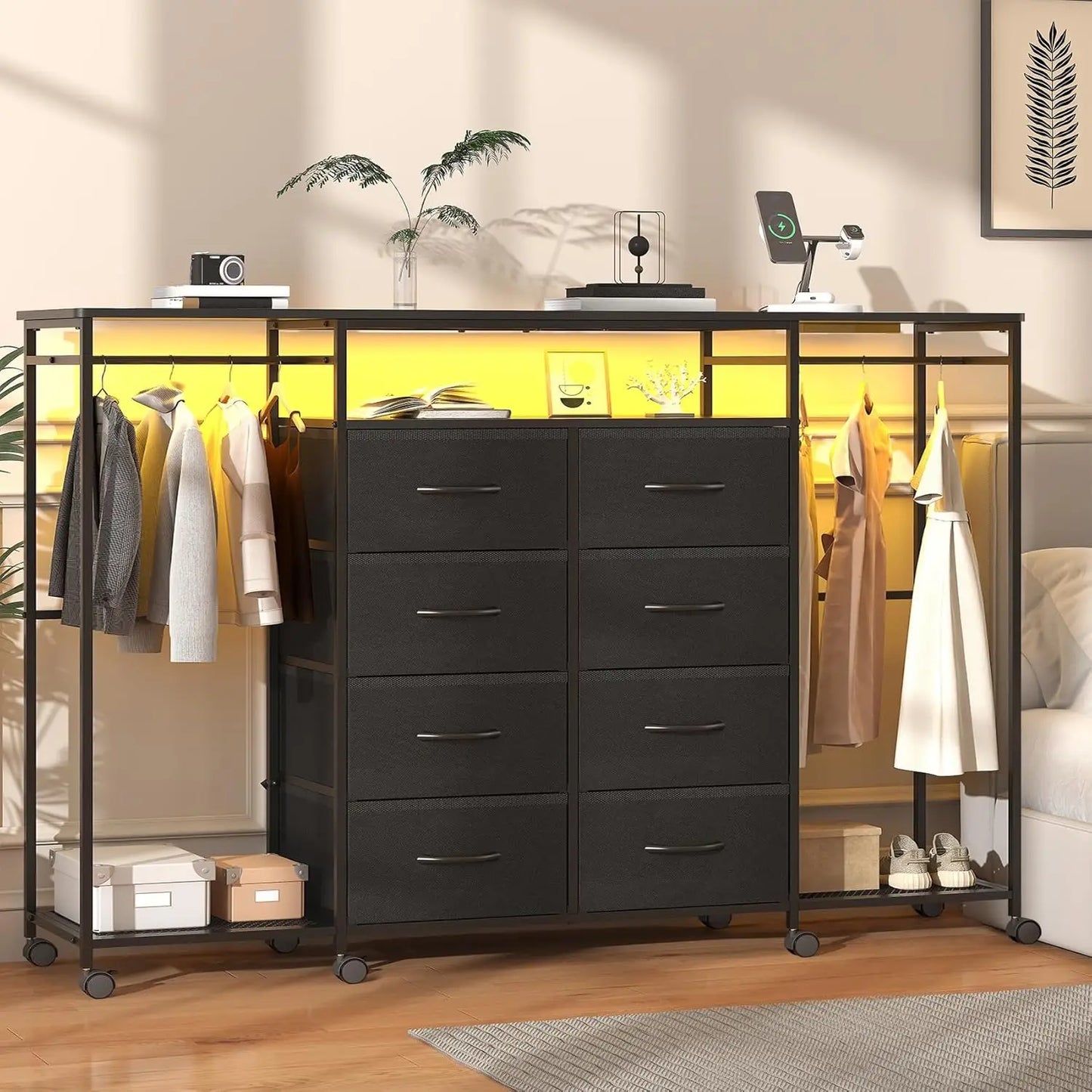 59.1" W Dresser for Bedroom with Hanging Rack, 8 Drawer Dresser with LED Lights & Charging Station, Fabric Dressers