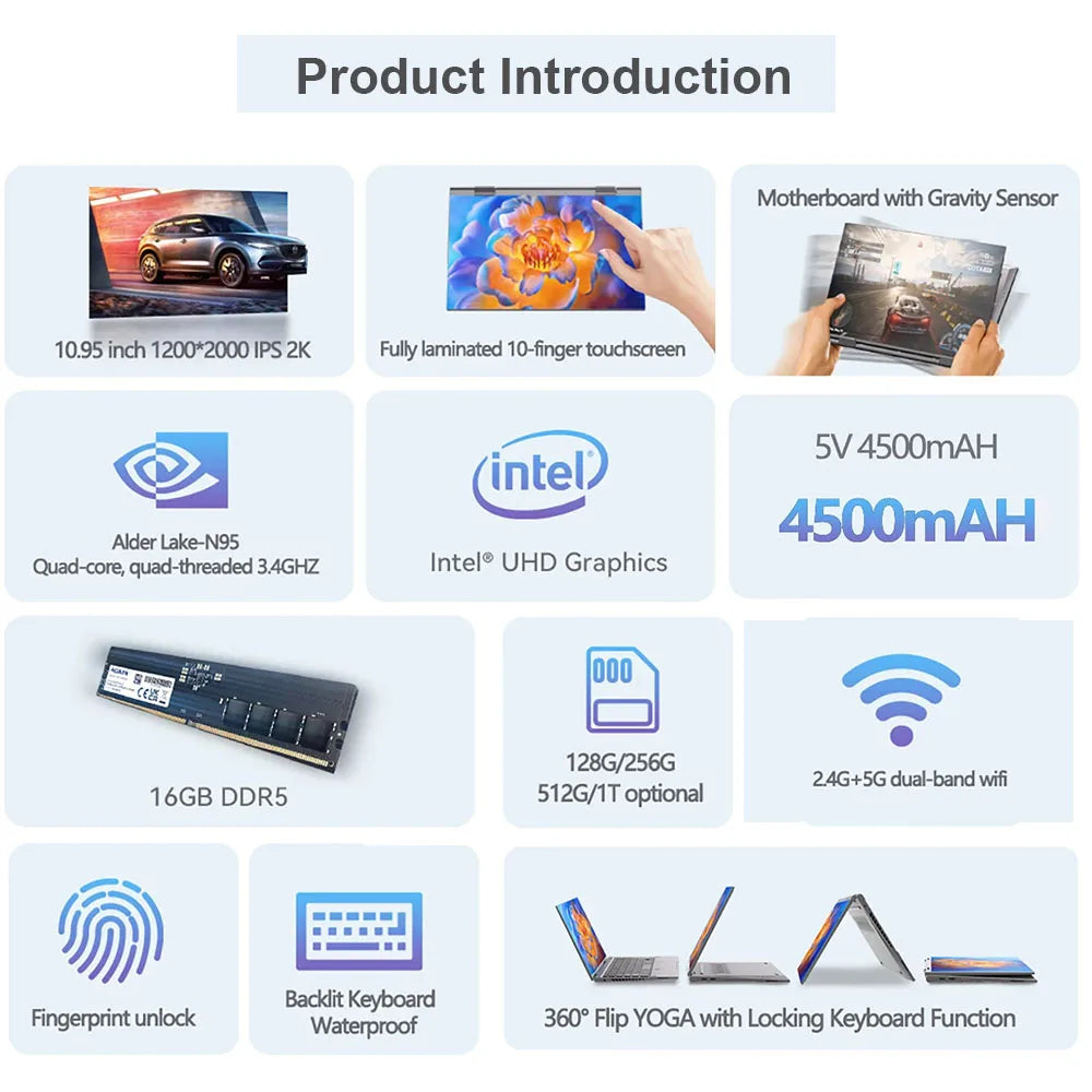 NEW 10.9 Inch 360° Fold Mini Laptop Intel N95 Touchscreens 16GB DDR5 Computer Notebook 2TB SSD Backlit Keyboard Tablet Laptop