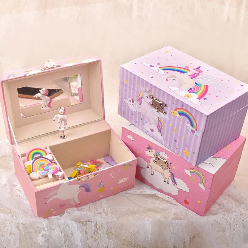 Jewelry Storage Clockwork Music Box Desk Organizer Pink Cute Unicorn Little Girls Gift Ring/Necklace/Bracelet/Earring Storage
