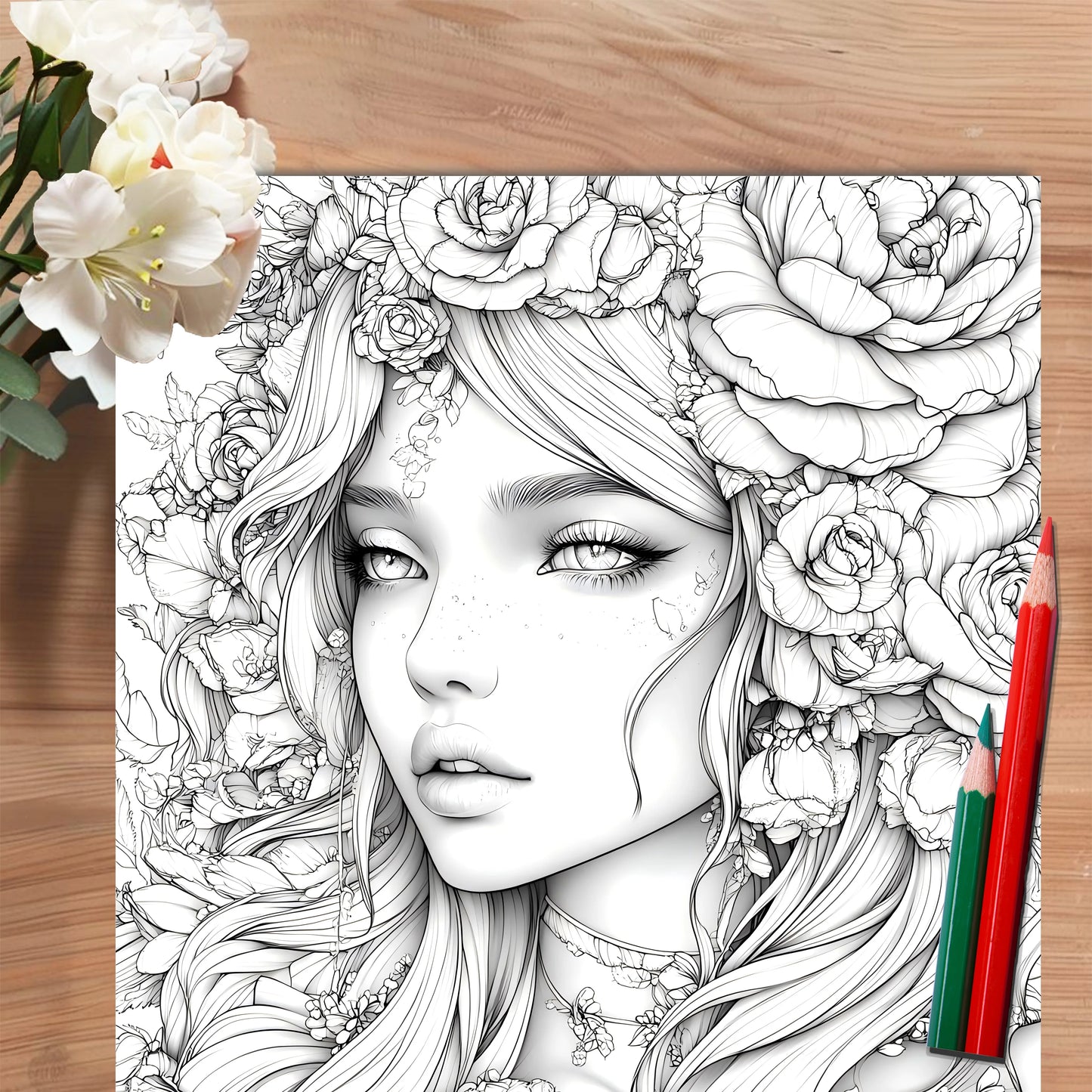 Adult Picture Book: Beautiful Women in Bloom for Makeup Practice with Detailed Portraits and Coloring Pencil Techniques
