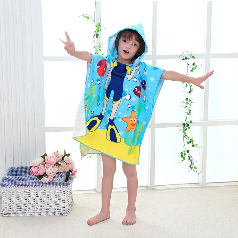 60-120cm Kids Hooded Bath Beach Poncho Towels Baby Quick Dry Bathrobe Child Cartoon Cloak Poncho Towels Microfiber Swim Cover-up