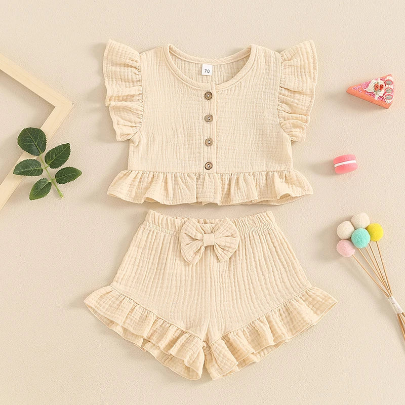Pudcoco Little Girl 2 Piece Summer Set, Fly Sleeve Button Down Ruffled Tops Bow Elastic Waist Shorts Baby Toddler Set 6M-4T