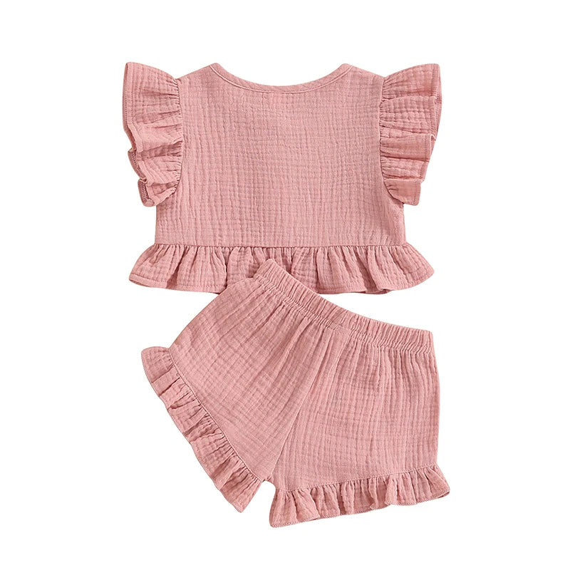 Pudcoco Little Girl 2 Piece Summer Set, Fly Sleeve Button Down Ruffled Tops Bow Elastic Waist Shorts Baby Toddler Set 6M-4T
