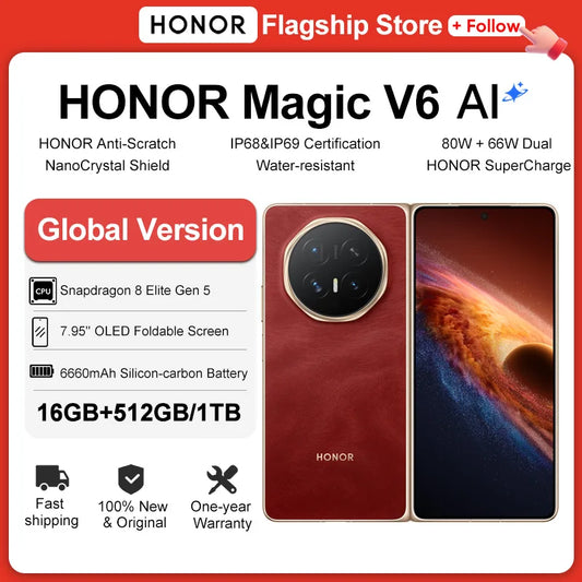 2026 New HONOR Magic V6 Global Version 5G Smartphone Snapdragon 8 Elite Gen 5 120Hz Foldable OLED Screen 6660mAh 80W SuperCharge