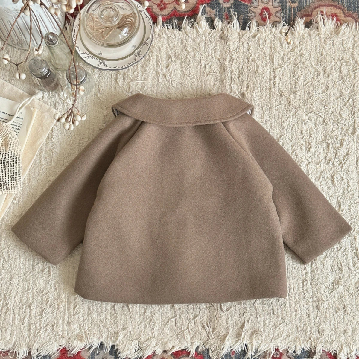 Soft Warm Baby Woolen Fabric Coat Beige/Camel Cute Sun Embroidery Lapel Jacket Infant Toddler Autumn Winter Going Out Outerwear