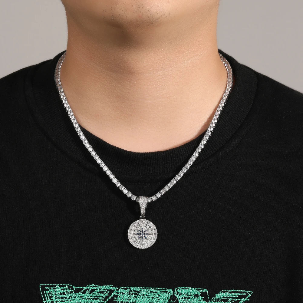UWIN Compass Pendant Necklaces for Men Women Iced Out Black and White Cubic Zirconia Charms Fashion Jewelry for Gift