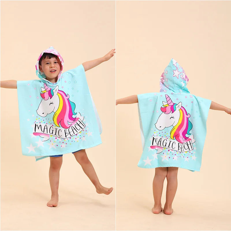 60-120cm Kids Hooded Bath Beach Poncho Towels Baby Quick Dry Bathrobe Child Cartoon Cloak Poncho Towels Microfiber Swim Cover-up