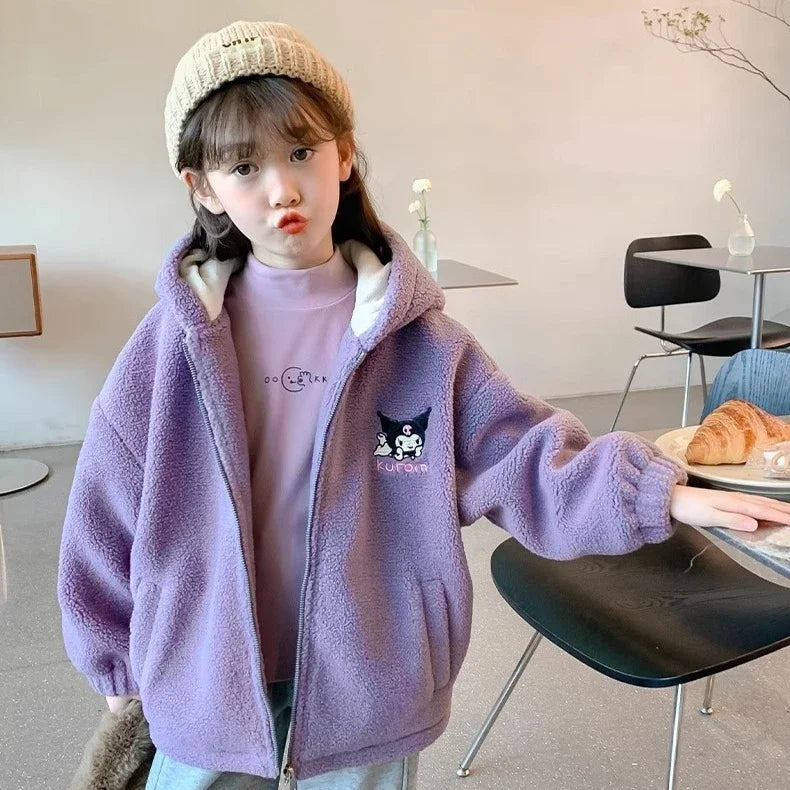 Winter 2025 New Cartoon Sanrio Kuromi Girls' Velvet Jacket Plus Velvet Children'S Polar Fleece Hooded Clothes Girls Winter Cloth