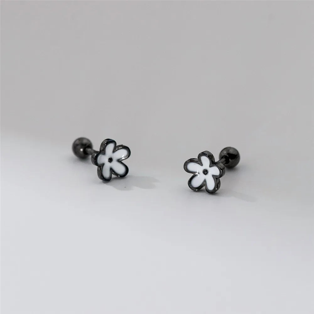 YIZIZAI Womens Earrings Silver 925 Enamel Black Flower  Ear Piercing For Women Screw Silver Stud Earrings
