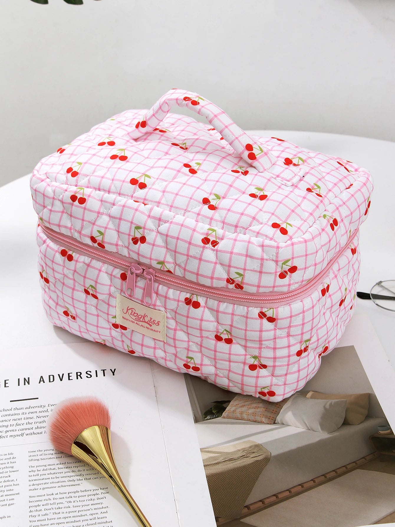 1pc/set Large Pink Cherry Quilted Makeup Bag, Cute Makeup Bag, Travel Makeup Bag, Makeup Storage Bag for Women Girls