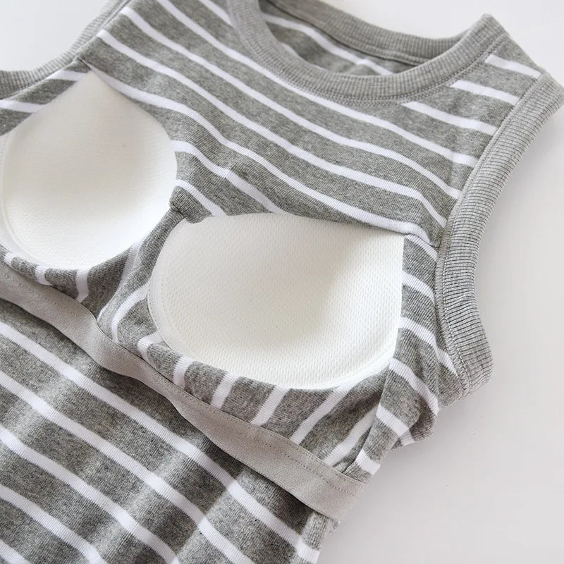 One Piece Pajamas Tops For Women New Fashion Striped Sleeveless Summer Sleepwear Shirt Slim Cotton Chest Pad Sleep T-Shirts