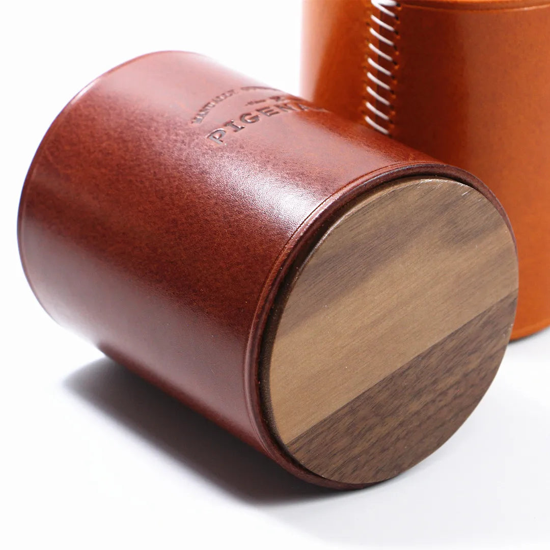 High End Handmade Genuine Leather Solid Wood Pen Holder Cowhide Office Stationery Storage Pen Holder Desk Organizer Holder