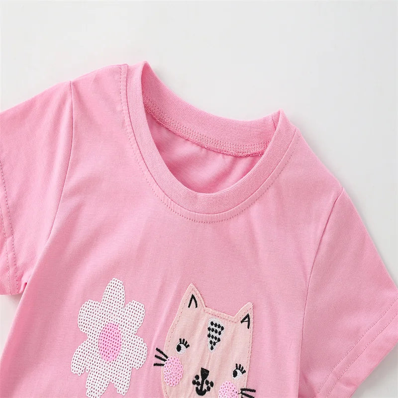 Jumping Meters 2-7T Animals Embroidery Summer Girls T Shirts Short Sleeve Kids Tees Tops Baby Costume Children's Clothes Shirts