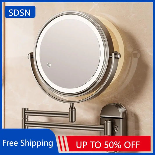 Self Priming Led Folding Bathroom Mirror Wall Mounted Light Bathroom Makeup Mirror 8 Inch 3X Magnifying Arm Extend Bath Mirrors